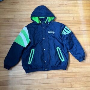 Vintage Starter Seattle Seahawks Puffer Jacket Navy Lime Green Hooded Mens L